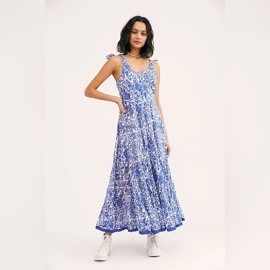 Free People Kikas Printed Midi Dress In Blue And Ivory Combo